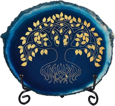 AMOYSTONE Office Crystal Decor - Laser Engraved Tree of Life on Blue Agate, 4-5" with Stand in Saudi Arabia