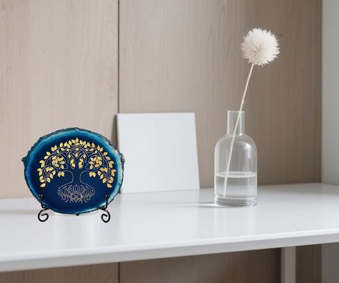 AMOYSTONE Office Crystal Decor - Laser Engraved Tree of Life on Blue Agate, 4-5" with Stand in Saudi Arabia