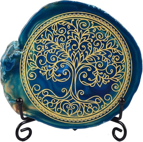 AMOYSTONE Office Crystal Decor - Laser Engraved Tree of Life on Blue Agate, 4-5" with Stand in Saudi Arabia