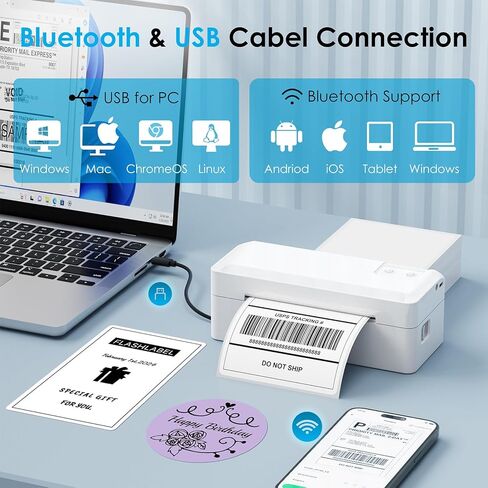 طابعة ملصقات حرارية للشحن + 500 قطعة ملصق شحن حراري، طابعة ملصقات محمولة 4 × 6 للشركات الصغيرة، تدعم iPhone، Android، Windows، Mac، Chromebook، تعمل مع USPS، Ebay، Shopify والمزيد in Kuwait