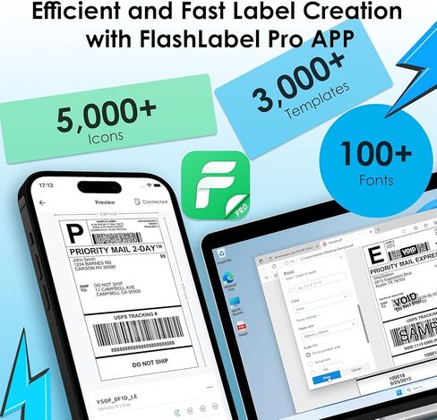 طابعة ملصقات حرارية للشحن + 500 قطعة ملصق شحن حراري، طابعة ملصقات محمولة 4 × 6 للشركات الصغيرة، تدعم iPhone، Android، Windows، Mac، Chromebook، تعمل مع USPS، Ebay، Shopify والمزيد in Kuwait
