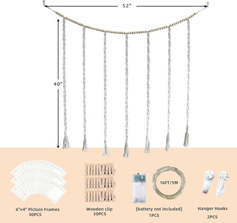 مجموعة عرض الصور المعلقة من Macrame مع 30 إطار صور من البطاقات وسلسلة أضواء مؤقت 5 أمتار - ديكور غرفة لغرفة النوم/غرفة المعيشة/غرفة الطعام - هدايا مثالية للفتيات المراهقات وعشاق الحرف اليدوية (عيد الميلاد/عيد الميلاد/المفاجأة اليومية) in Kuwait