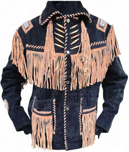 سترة رعاة البقر الغربية من الجلد السويدي للرجال مع تصميم أمريكي أصلي مهدب ومطرز - معطف عصري عتيق in Kuwait