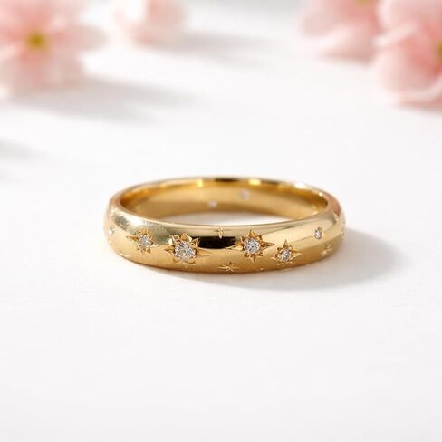 Diamond Minimal Star Pave Band, 14k Solid Gold Celestial Wedding Band, Womens Starbust Eternity Ring, Art Deco Stacking Matching Bridesmaid Jewelry Daily Wear Gift For Mom in Saudi Arabia