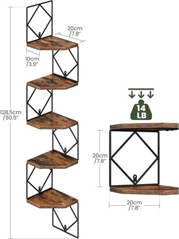 5-Tier Corner Shelf, Floating Shelf, Wall-Mounted Storage Shelf, Wall Decor, Narrow Corner Bookshelf, for Living Room, Bedroom, Home Office, and Bathroom, Rustic Brown and Black TCJ35BF in Saudi Arabia