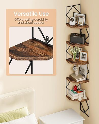 5-Tier Corner Shelf, Floating Shelf, Wall-Mounted Storage Shelf, Wall Decor, Narrow Corner Bookshelf, for Living Room, Bedroom, Home Office, and Bathroom, Rustic Brown and Black TCJ35BF in Saudi Arabia