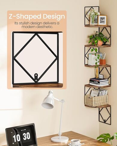 5-Tier Corner Shelf, Floating Shelf, Wall-Mounted Storage Shelf, Wall Decor, Narrow Corner Bookshelf, for Living Room, Bedroom, Home Office, and Bathroom, Rustic Brown and Black TCJ35BF in Saudi Arabia