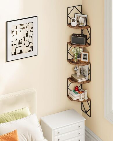 5-Tier Corner Shelf, Floating Shelf, Wall-Mounted Storage Shelf, Wall Decor, Narrow Corner Bookshelf, for Living Room, Bedroom, Home Office, and Bathroom, Rustic Brown and Black TCJ35BF in Saudi Arabia