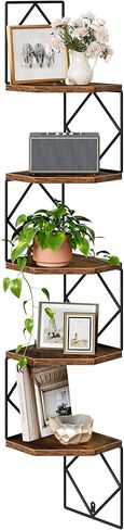 5-Tier Corner Shelf, Floating Shelf, Wall-Mounted Storage Shelf, Wall Decor, Narrow Corner Bookshelf, for Living Room, Bedroom, Home Office, and Bathroom, Rustic Brown and Black TCJ35BF in Saudi Arabia