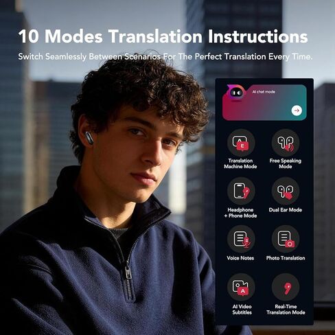 سماعات أذن NE48 AI للترجمة في الوقت الحقيقي 135 لغة مع شاشة LCD تعمل باللمس، Audifonos Traductores Inglés Español، سماعات رأس لاسلكية 4 في 1 لتعلم الأعمال أثناء السفر، بلوتوث 6.0 (أسود) in Kuwait