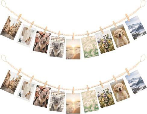 Ngdhkd 2PCS Hanging Photo Display Wooden Bead Picture Garland with Wood Clips Christmas Photo Hanger Wall Decor for Home Bedroom Living Room Office Decor in Kuwait