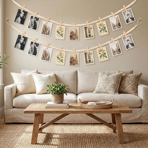 Ngdhkd 2PCS Hanging Photo Display Wooden Bead Picture Garland with Wood Clips Christmas Photo Hanger Wall Decor for Home Bedroom Living Room Office Decor in Kuwait