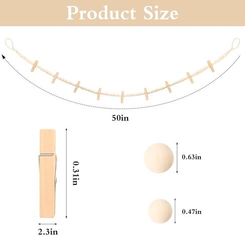 Ngdhkd 2PCS Hanging Photo Display Wooden Bead Picture Garland with Wood Clips Christmas Photo Hanger Wall Decor for Home Bedroom Living Room Office Decor in Kuwait