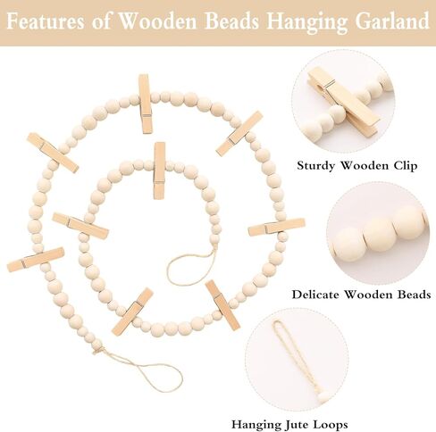 Ngdhkd 2PCS Hanging Photo Display Wooden Bead Picture Garland with Wood Clips Christmas Photo Hanger Wall Decor for Home Bedroom Living Room Office Decor in Kuwait