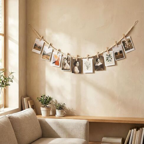 Ngdhkd 2PCS Hanging Photo Display Wooden Bead Picture Garland with Wood Clips Christmas Photo Hanger Wall Decor for Home Bedroom Living Room Office Decor in Kuwait