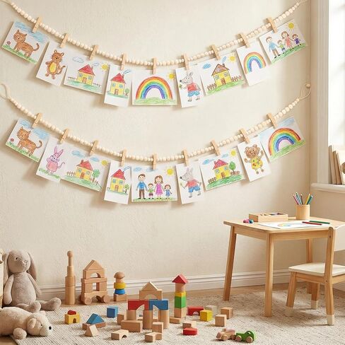 Ngdhkd 2PCS Hanging Photo Display Wooden Bead Picture Garland with Wood Clips Christmas Photo Hanger Wall Decor for Home Bedroom Living Room Office Decor in Kuwait