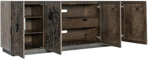 غرفة المعيشة الحديثة من BOWERY HILL Credenza، 4 أبواب، فتحات مزخرفة بالزهور وأجهزة فضية، قشرة البلوط والراتنج، تشطيب خشبي متوسط، أرفف قابلة للتعديل، لوحة خلفية مهواة، إدارة الأسلاك in Kuwait