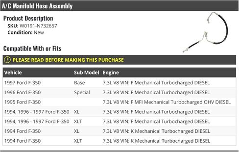 A/C Manifold Hose Assembly - Compatible with 1994-1997 Ford F350 Turbo Diesel in Saudi Arabia
