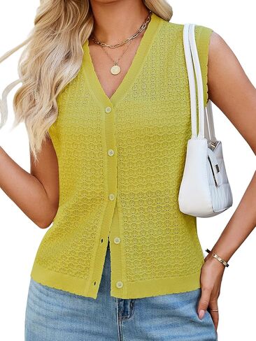 Womens Sleeveless V Neck Sweater Vest Crochet Knit Summer Tops Button Down Spring Cardigan Casual Outfits 2026 in Saudi Arabia