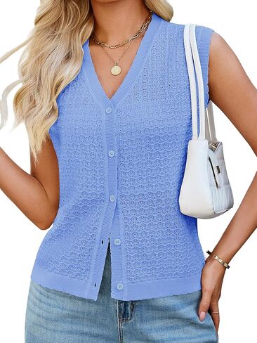 Womens Sleeveless V Neck Sweater Vest Crochet Knit Summer Tops Button Down Spring Cardigan Casual Outfits 2026 in Saudi Arabia