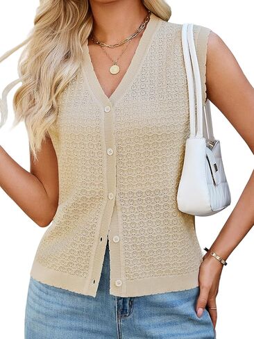 Womens Sleeveless V Neck Sweater Vest Crochet Knit Summer Tops Button Down Spring Cardigan Casual Outfits 2026 in Saudi Arabia