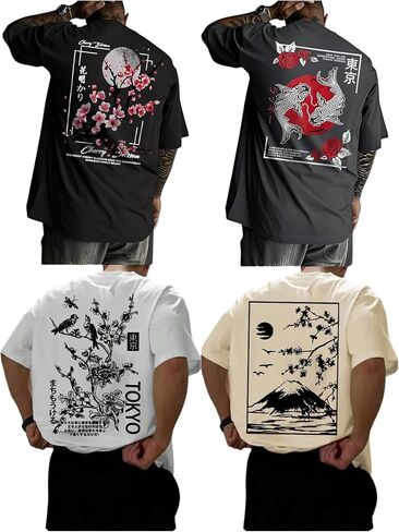 Men's 4 Pack Floral Graphic Tees Short Sleeve Crewneck Casual Vintage T Shirt Summer Tops Streetwear in Saudi Arabia