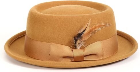 MONTIQUE Pork Pie Fedora Hats for Men - Wool-Feel Classic Fedora Hat with Grosgrain Ribbon & Feather Accent | H-88 in Kuwait