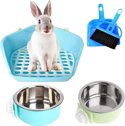 kathson Bunny Potty Trainer Corner Pan Rabbit Toilet Guinea Pig Litter Box with 2 Pack Pet Removable Hanging Crate Bowls for Small Animal in Kuwait