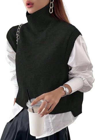Women High Neck Sleeveless Knit Crop Sweater Vest Casual Loose Fit High Low Hem Turtleneck Knitted Pullover Vest in Saudi Arabia