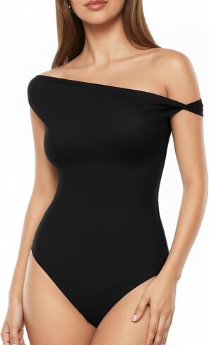 MANGOPOP Women's Off The Shoulder Double Lined Bodysuit Versatile Thong Body Suit Going Out Summer Trendy Tops in Saudi Arabia