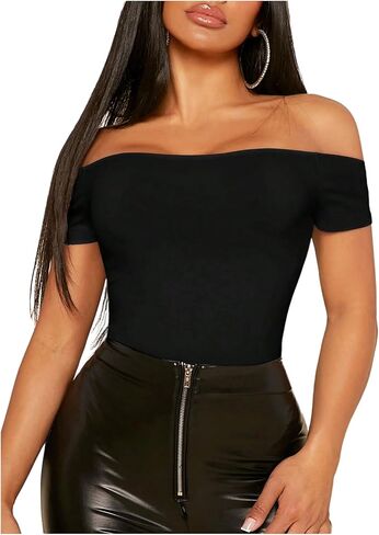 SweatyRocks Women's Off the Shoulder Bodysuit Short Sleeve Going Out Body Suit Leotard Tops in Saudi Arabia