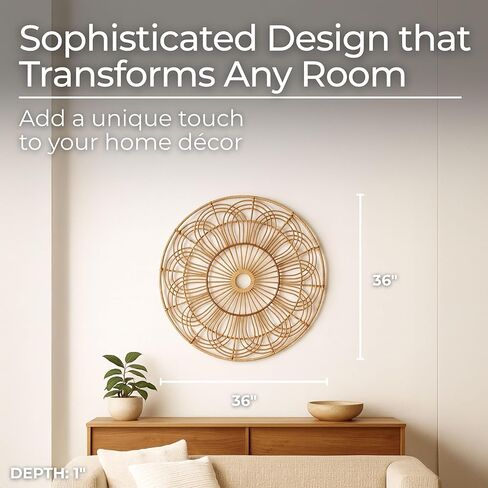 Wicker Round Accent – Boho Wall Decor for Living Room & Bedroom, Woven Rattan & Bamboo Wood Home Decor, Boho Basket Wall Hanging, Bohemian Art, Indoor/Outdoor Use - 36", Brown in Saudi Arabia