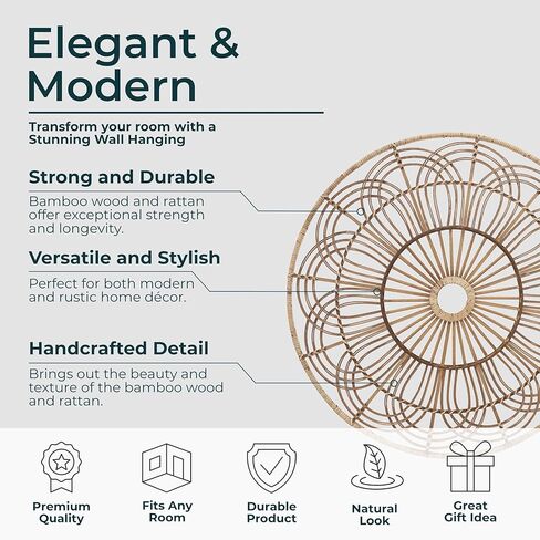 Wicker Round Accent – Boho Wall Decor for Living Room & Bedroom, Woven Rattan & Bamboo Wood Home Decor, Boho Basket Wall Hanging, Bohemian Art, Indoor/Outdoor Use - 36", Brown in Saudi Arabia