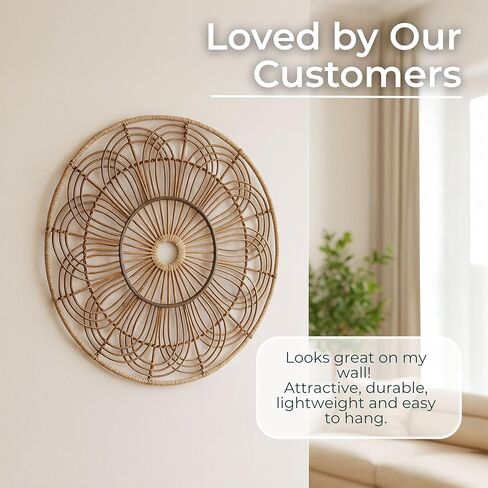 Wicker Round Accent – Boho Wall Decor for Living Room & Bedroom, Woven Rattan & Bamboo Wood Home Decor, Boho Basket Wall Hanging, Bohemian Art, Indoor/Outdoor Use - 36", Brown in Saudi Arabia