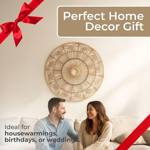Wicker Round Accent – Boho Wall Decor for Living Room & Bedroom, Woven Rattan & Bamboo Wood Home Decor, Boho Basket Wall Hanging, Bohemian Art, Indoor/Outdoor Use - 36", Brown in Saudi Arabia