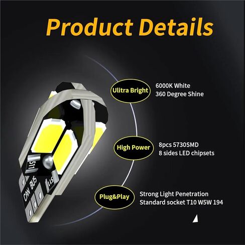 20 قطعة T10 5730 8SMD Canbus LED مصابيح سيارة W5W WY5W 168 192 194 الإضاءة البيضاء لوقوف السيارات بدوره إشارة أضواء القراءة in Saudi Arabia