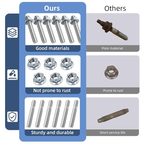 03133 مجموعة مسامير العادم المتعددة - M10-1.5 X 62 مم مسامير وصواميل العادم، استبدال مباشر لشفة العادم والمشعب، مسامير العادم ذات الرأس السداسي المصنوعة من الفولاذ المقاوم للصدأ in Kuwait
