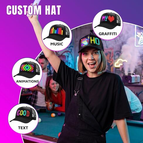 Rayhome LED Hat, Bluetooth Rechargeable LED Caps with Spare Battery, Full Color APP Control Display Screen Hats, Custom Text Patterns Animations Ventilate Funny Hat for Party Christmas Halloween in Kuwait