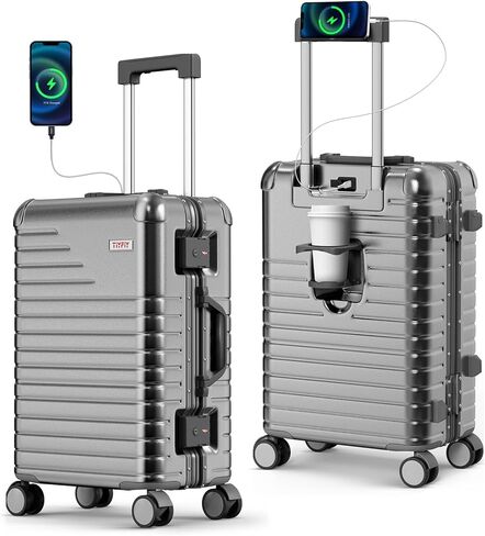 حقيبة حمل مقاس 20 بوصة مع حامل أكواب، حقيبة سفر بإطار من الألومنيوم مقاس 22x14x9 معتمدة من شركة الطيران، عجلات دوارة 360 درجة، قفل TSA للرحلات القصيرة وسفر العمل in Kuwait
