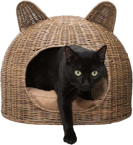 CBD1000A Cat Ear 20" x 14.5" Coastal Handwoven Rattan Cat Bed with Machine-Washable Cushion, Natural in Kuwait