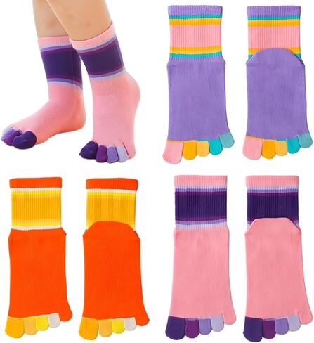 جوارب للفتيات بدون خياطة بخطوط قوس قزح وخمسة أصابع من القطن لأصابع القدم، جوارب لطاقم المدرسة للأطفال، 3 قطع in Kuwait