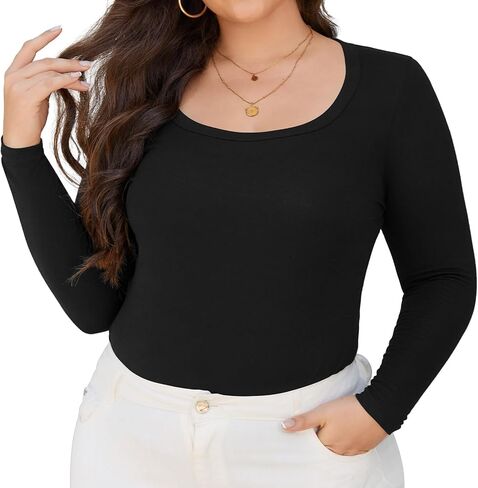 FOREYOND حجم كبير قمصان طويلة الأكمام للنساء مخطط مغرفة الرقبة القمم سليم المجهزة الأساسية تي شيرت بسط عادية المحملة in Kuwait