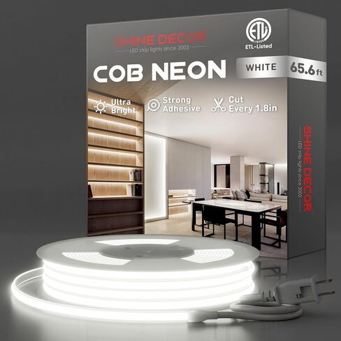 Shine Decor COB LED حبل ضوء AC 120V، 800lm فائق السطوع، IP65 مقاوم للماء شريط نيون ETL مقاوم للبرد، لا يوجد شريط إضاءة للسائق للمنزل التجاري 10x4.5 مم، 6000K أبيض بارد، 16.4 قدم in Kuwait