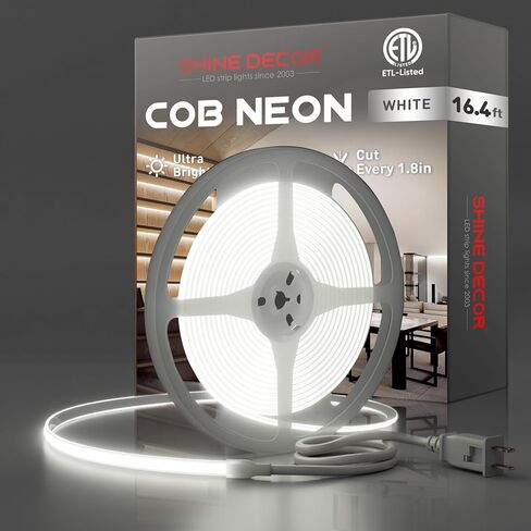 Shine Decor COB LED حبل ضوء AC 120V، 800lm فائق السطوع، IP65 مقاوم للماء شريط نيون ETL مقاوم للبرد، لا يوجد شريط إضاءة للسائق للمنزل التجاري 10x4.5 مم، 6000K أبيض بارد، 16.4 قدم in Kuwait