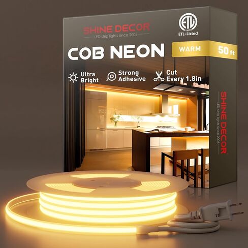 Shine Decor COB LED حبل ضوء AC 120V، 800lm فائق السطوع، IP65 مقاوم للماء شريط نيون ETL مقاوم للبرد، لا يوجد شريط إضاءة للسائق للمنزل التجاري 10x4.5 مم، 6000K أبيض بارد، 16.4 قدم in Kuwait