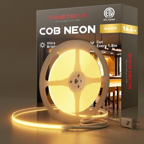 Shine Decor COB LED حبل ضوء AC 120V، 800lm فائق السطوع، IP65 مقاوم للماء شريط نيون ETL مقاوم للبرد، لا يوجد شريط إضاءة للسائق للمنزل التجاري 10x4.5 مم، 6000K أبيض بارد، 16.4 قدم in Kuwait