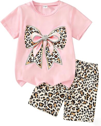 طقم صيفي للفتيات مكون من قطعتين للأعمار من 7 إلى 14 عامًا، تي شيرت برسومات فيونكة وملابس كاجوال قصيرة بطبعة الفهد in Kuwait