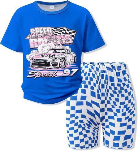 الفتيات ملابس الصيف 2 قطعة وتتسابق 3D سيارة طباعة تي شيرت قصير ونمط منقوشة السراويل مجموعة الملابس 5-12Y in Kuwait