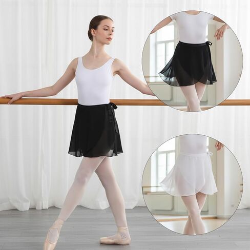 2Pcs White and Black Ballet Wrap Skirt with Ties, Chiffon Dance Wrap Skirt for Girls Women Gymnastics Ballet in Saudi Arabia