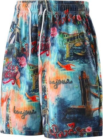 Men's Casual Shorts - Breathable Athletic Fit Short Pants with Vintage Paris City Graphic Print and Drawstring - Orange in Saudi Arabia